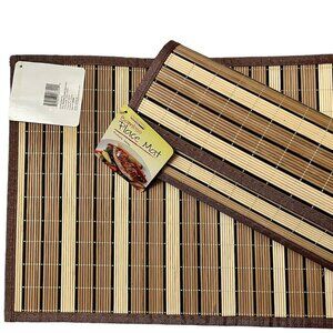 4 Bamboo Placemat Set Matchstick Wood Woven New Brown Black Kitchen Collection